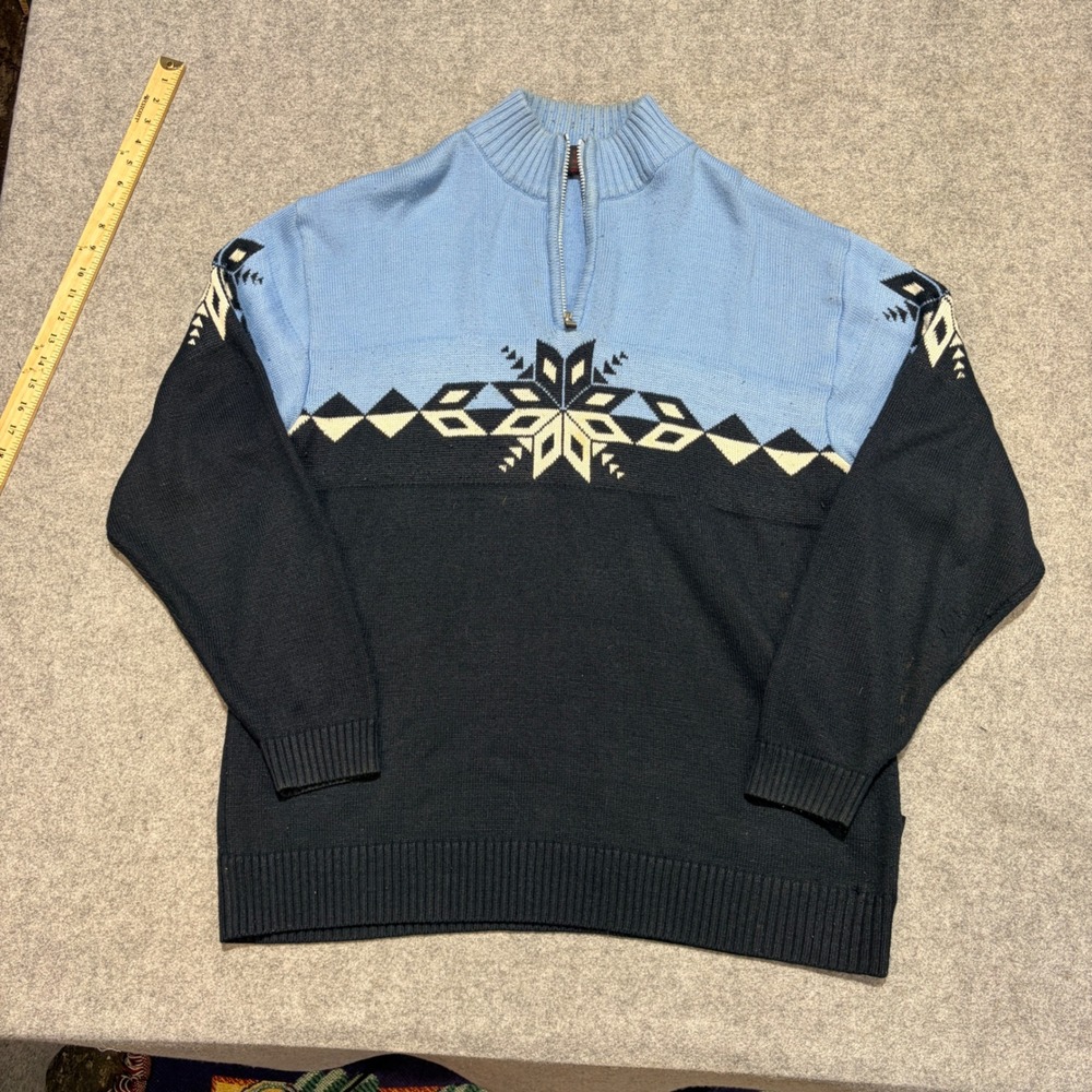 Taiga Mens XL Quarter Zip Sweater Nordic Snowflake Knit Blue Black Pullover